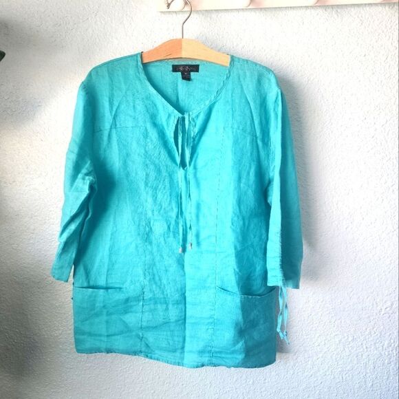 August silk 100% linen front box pocket tunic style blouse - Picture 1 of 11